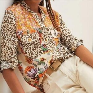 Anthropologie Multicolor Floral and Leopard Print Blouse